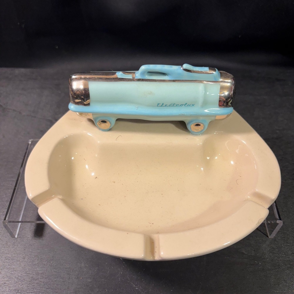 Vintage Electrolux Vacuum Cleaner Ceramic Ashtray Blue Cream MCM Advertising